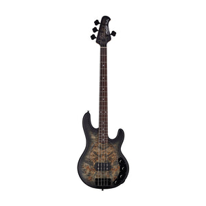 Sterling by Music Man Ray34 Poplar Burl Top 4-String Bass Guitar, Trans Black