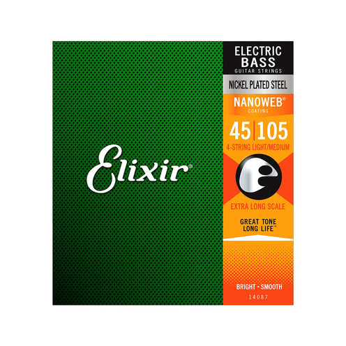 Elixir 14087 Nanoweb Medium/Extra Long Scale 4-String Electric Bass Strings 045-105